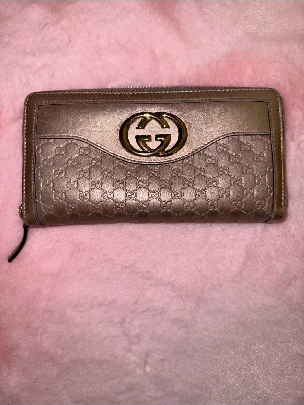 Gucci Microgussimma Interlocking G Zip Wallet Metallic Rose Gold Leather w COA